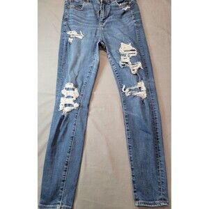American Eagle Womens 10 Distressed Skinny Jeans Raw Hem Stretch Denim